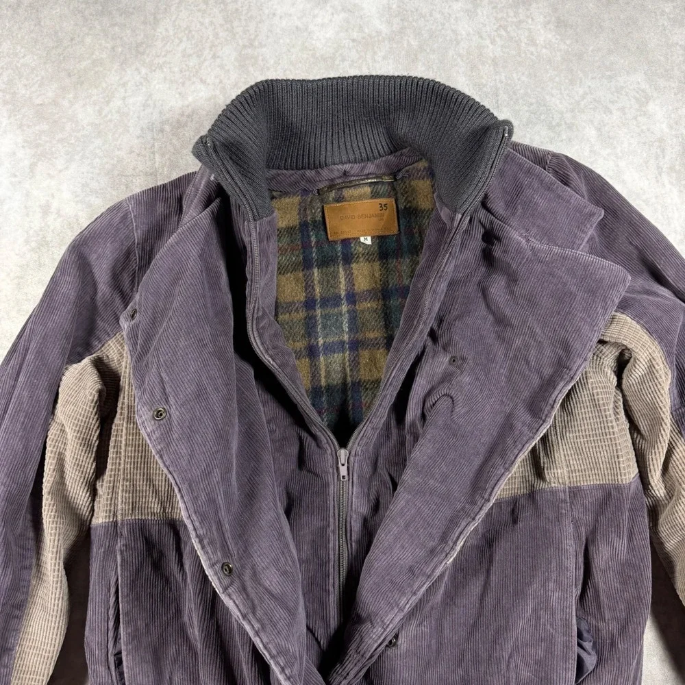 David Benjamin Vintage Corduroy Bomber Jacket Men M Purple Plaid Lined 80s Retro